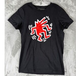 Keith Haring Red Dancing Man Graphic T Shirt Black Cotton Womens‎ M